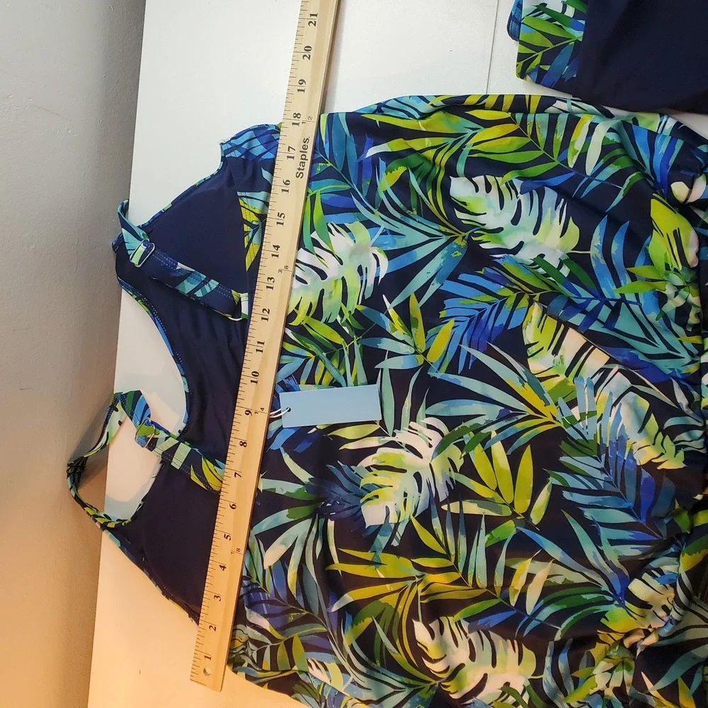 Yonique Tropical Palm Tankini Set Blue Green Swim Skirt Two Piece NWT